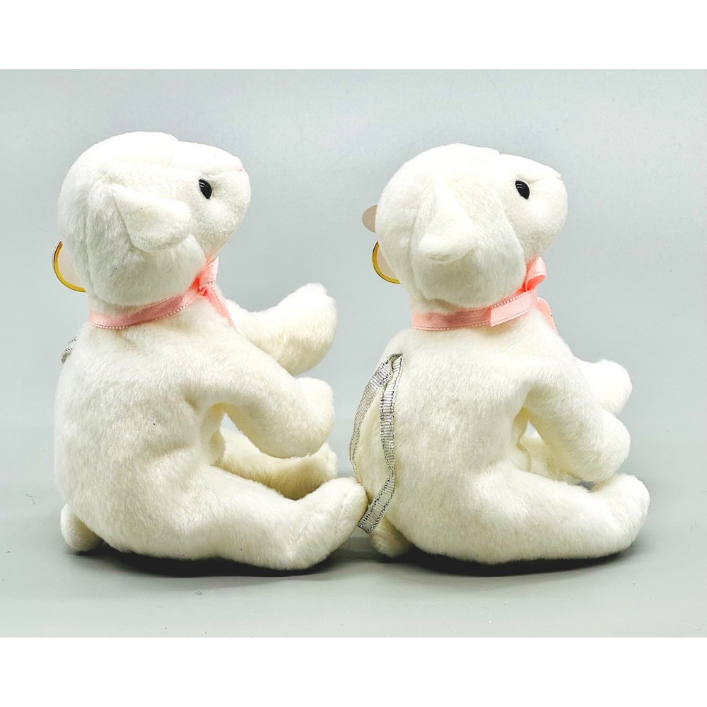 Ty Basket Beanies‎ Lullaby Lamb Plush Easter White Pink Ribbon 2003 Set of 2 - Picture 3 of 8